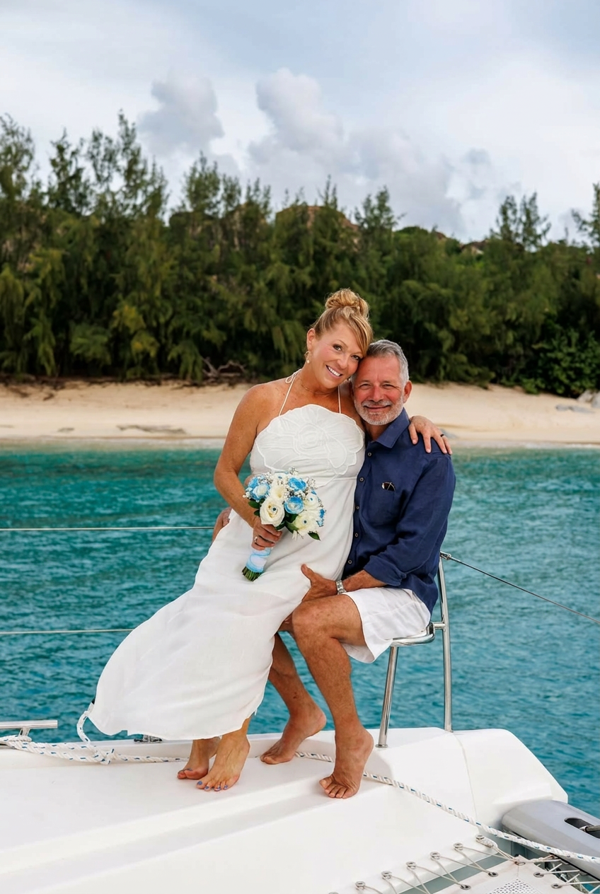 Marianne and Tom on the bow of their catamaran on their wedding day in the BVI