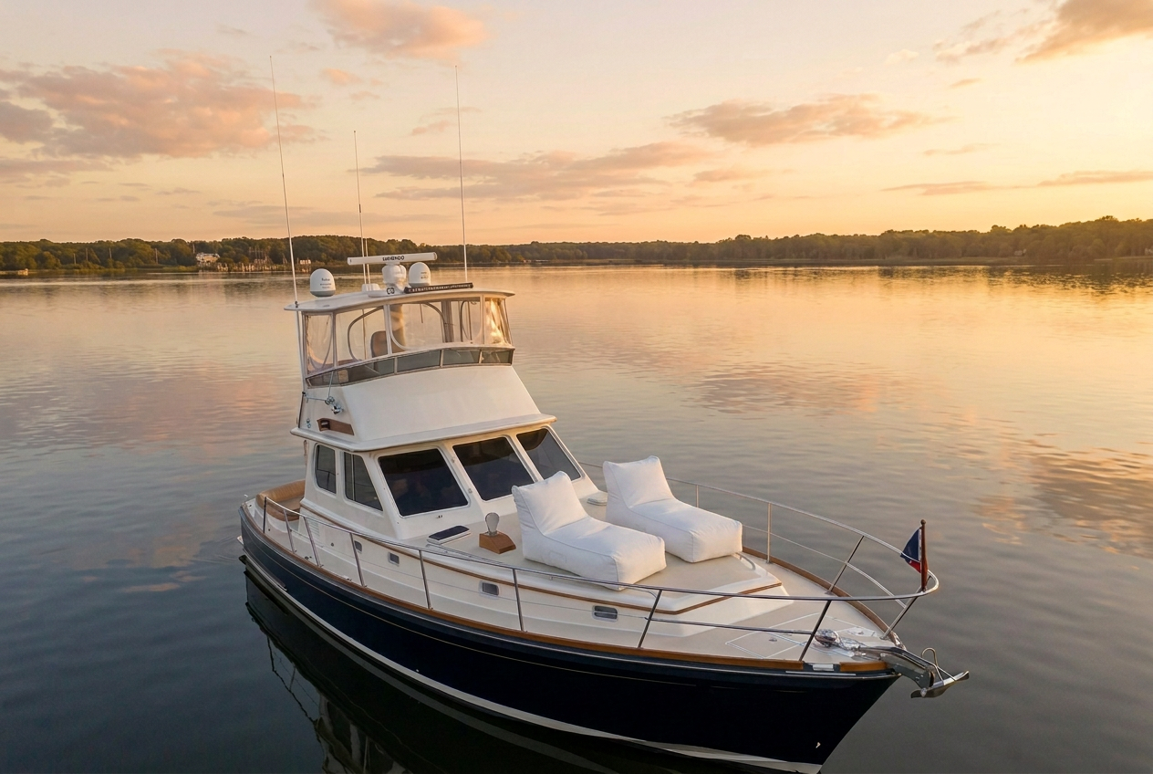 The bow of Into the Mystic with two white beanbag lounger chairs on the foredeck
