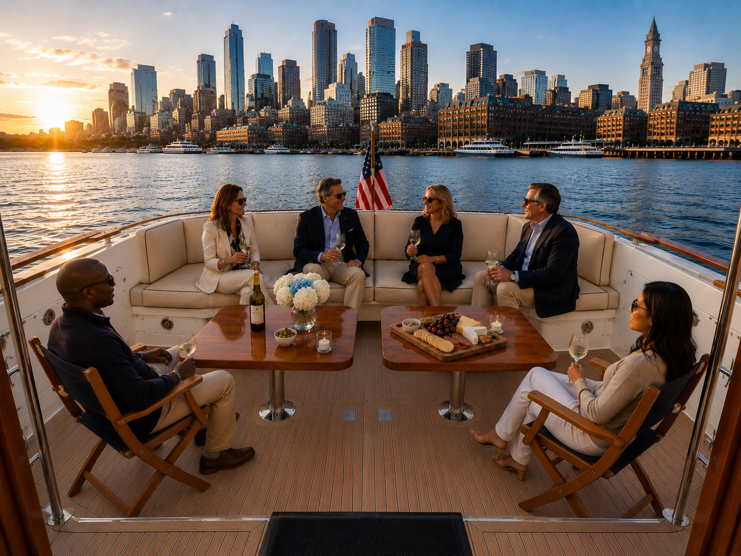 Corporate guests enjoying cocktails on the aft deck with the Boston skyline at sunset