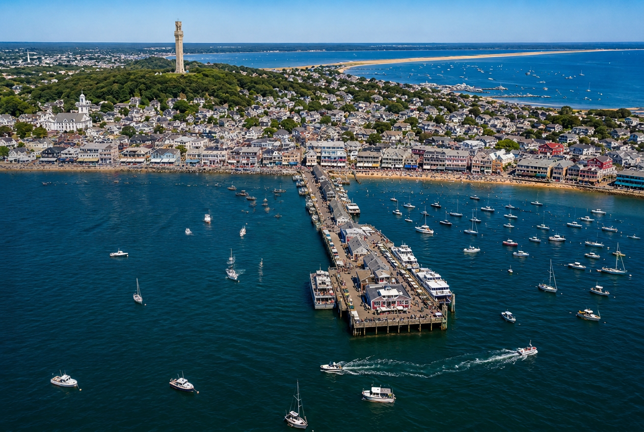 Aerial view of Provincetown Harbor with the Pilgrim Monument and MacMillan Pier